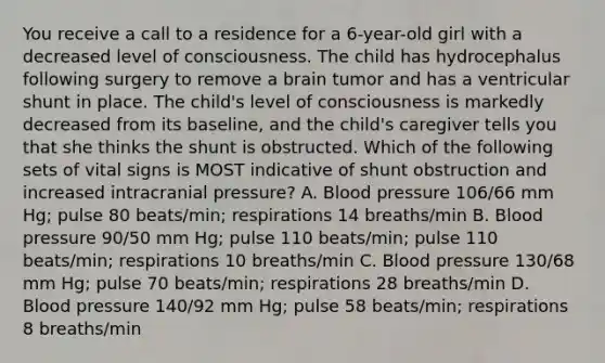 You receive a call to a residence for a 6-year-old girl with a decreased level of consciousness. The child has hydrocephalus following surgery to remove a brain tumor and has a ventricular shunt in place. The child's level of consciousness is markedly decreased from its baseline, and the child's caregiver tells you that she thinks the shunt is obstructed. Which of the following sets of vital signs is MOST indicative of shunt obstruction and increased intracranial pressure? A. Blood pressure 106/66 mm Hg; pulse 80 beats/min; respirations 14 breaths/min B. Blood pressure 90/50 mm Hg; pulse 110 beats/min; pulse 110 beats/min; respirations 10 breaths/min C. Blood pressure 130/68 mm Hg; pulse 70 beats/min; respirations 28 breaths/min D. Blood pressure 140/92 mm Hg; pulse 58 beats/min; respirations 8 breaths/min