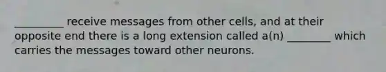 _________ receive messages from other cells, and at their opposite end there is a long extension called a(n) ________ which carries the messages toward other neurons.