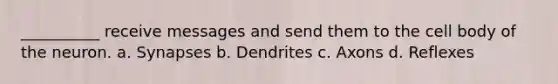 __________ receive messages and send them to the cell body of the neuron. a. Synapses b. Dendrites c. Axons d. Reflexes