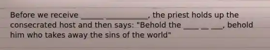 Before we receive ______ ___________, the priest holds up the consecrated host and then says: "Behold the ____ __ ___, behold him who takes away the sins of the world"