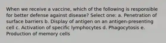 When we receive a vaccine, which of the following is responsible for better defense against disease? Select one: a. Penetration of surface barriers b. Display of antigen on an antigen-presenting cell c. Activation of specific lymphocytes d. Phagocytosis e. Production of memory cells