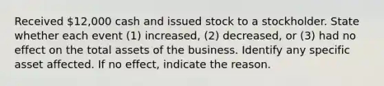 Received 12,000 cash and issued stock to a stockholder. State whether each event​ (1) increased,​ (2) decreased, or​ (3) had no effect on the total assets of the business. Identify any specific asset affected. If no​ effect, indicate the reason.