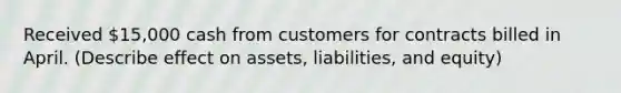 Received 15,000 cash from customers for contracts billed in April. (Describe effect on assets, liabilities, and equity)