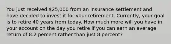 You just received 25,000 from an insurance settlement and have decided to invest it for your retirement. Currently, your goal is to retire 40 years from today. How much more will you have in your ac<a href='https://www.questionai.com/knowledge/kIt7oUhyhX-count-on' class='anchor-knowledge'>count on</a> the day you retire if you can earn an average return of 8.2 percent rather than just 8 percent?