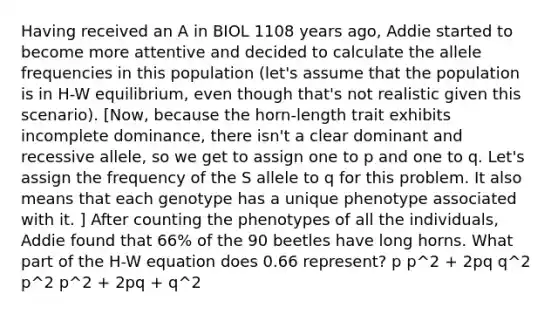 Having received an A in BIOL 1108 years ago, Addie started to become more attentive and decided to calculate the allele frequencies in this population (let's assume that the population is in H-W equilibrium, even though that's not realistic given this scenario). [Now, because the horn-length trait exhibits incomplete dominance, there isn't a clear dominant and recessive allele, so we get to assign one to p and one to q. Let's assign the frequency of the S allele to q for this problem. It also means that each genotype has a unique phenotype associated with it. ] After counting the phenotypes of all the individuals, Addie found that 66% of the 90 beetles have long horns. What part of the H-W equation does 0.66 represent? p p^2 + 2pq q^2 p^2 p^2 + 2pq + q^2