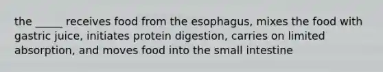 the _____ receives food from the esophagus, mixes the food with gastric juice, initiates protein digestion, carries on limited absorption, and moves food into the small intestine