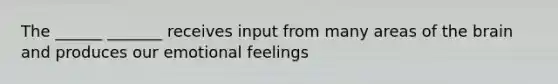 The ______ _______ receives input from many areas of the brain and produces our emotional feelings