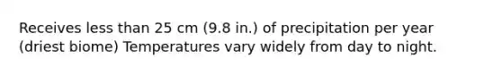 Receives <a href='https://www.questionai.com/knowledge/k7BtlYpAMX-less-than' class='anchor-knowledge'>less than</a> 25 cm (9.8 in.) of precipitation per year (driest biome) Temperatures vary widely from day to night.
