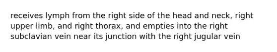 receives lymph from the right side of the head and neck, right upper limb, and right thorax, and empties into the right subclavian vein near its junction with the right jugular vein