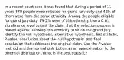 In a recent court case it was found that during a period of 11 years 878 people were selected for grand jury duty and 42​% of them were from the same ethnicity. Among the people eligible for grand jury​ duty, 79.2​% were of this ethnicity. Use a 0.01 significance level to test the claim that the selection process is biased against allowing this ethnicity to sit on the grand jury. Identify the null​ hypothesis, alternative​ hypothesis, test​ statistic, P-value, conclusion about the null​ hypothesis, and final conclusion that addresses the original claim. Use the​ P-value method and the normal distribution as an approximation to the binomial distribution. What is the test statistic?