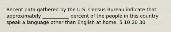 Recent data gathered by the U.S. Census Bureau indicate that approximately ___________ percent of the people in this country speak a language other than English at home. 5 10 20 30