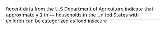 Recent data from the U.S Department of Agriculture indicate that approximately 1 in --- households in the United States with children can be categorized as food insecure