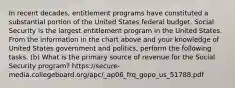 In recent decades, entitlement programs have constituted a substantial portion of the United States federal budget. Social Security is the largest entitlement program in the United States. From the information in the chart above and your knowledge of United States government and politics, perform the following tasks. (b) What is the primary source of revenue for the Social Security program? https://secure-media.collegeboard.org/apc/_ap06_frq_gopo_us_51788.pdf