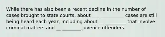 While there has also been a recent decline in the number of cases brought to state courts, about ___ __________ cases are still being heard each year, including about __ _________ that involve criminal matters and __ ________ juvenile offenders.