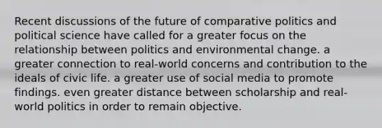 Recent discussions of the future of comparative politics and political science have called for a greater focus on the relationship between politics and environmental change. a greater connection to real-world concerns and contribution to the ideals of civic life. a greater use of social media to promote findings. even greater distance between scholarship and real-world politics in order to remain objective.