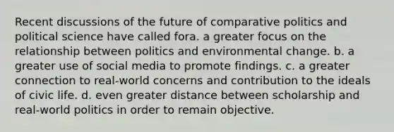 Recent discussions of the future of comparative politics and political science have called fora. a greater focus on the relationship between politics and environmental change. b. a greater use of social media to promote findings. c. a greater connection to real-world concerns and contribution to the ideals of civic life. d. even greater distance between scholarship and real-world politics in order to remain objective.