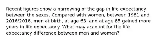 Recent figures show a narrowing of the gap in life expectancy between the sexes. Compared with women, between 1981 and 2016/2018, men at birth, at age 65, and at age 85 gained more years in life expectancy. What may account for the life expectancy difference between men and women?