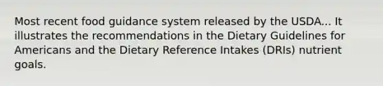 Most recent food guidance system released by the USDA... It illustrates the recommendations in the Dietary Guidelines for Americans and the Dietary Reference Intakes (DRIs) nutrient goals.