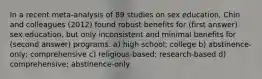 In a recent meta-analysis of 89 studies on sex education, Chin and colleagues (2012) found robust benefits for (first answer) sex education, but only inconsistent and minimal benefits for (second answer) programs. a) high school; college b) abstinence-only; comprehensive c) religious-based; research-based d) comprehensive; abstinence-only