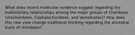 What does recent molecular evidence suggest regarding the evolutionary relationships among the major groups of Chordates (Urochordates, Cephalochordates, and Vertebrates)? How does this new view change traditional thinking regarding the ancestral traits of chordates?