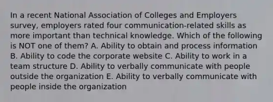 In a recent National Association of Colleges and Employers​ survey, employers rated four​ communication-related skills as more important than technical knowledge. Which of the following is NOT one of​ them? A. Ability to obtain and process information B. Ability to code the corporate website C. Ability to work in a team structure D. Ability to verbally communicate with people outside the organization E. Ability to verbally communicate with people inside the organization