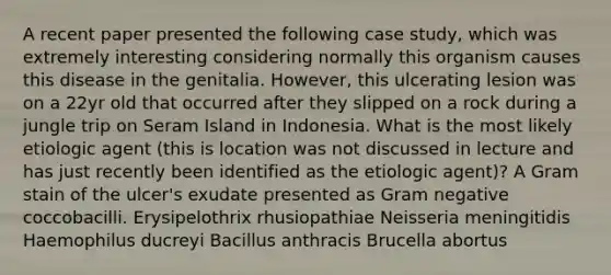 A recent paper presented the following case study, which was extremely interesting considering normally this organism causes this disease in the genitalia. However, this ulcerating lesion was on a 22yr old that occurred after they slipped on a rock during a jungle trip on Seram Island in Indonesia. What is the most likely etiologic agent (this is location was not discussed in lecture and has just recently been identified as the etiologic agent)? A Gram stain of the ulcer's exudate presented as Gram negative coccobacilli. Erysipelothrix rhusiopathiae Neisseria meningitidis Haemophilus ducreyi Bacillus anthracis Brucella abortus