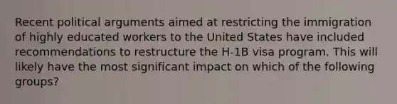 Recent political arguments aimed at restricting the immigration of highly educated workers to the United States have included recommendations to restructure the H-1B visa program. This will likely have the most significant impact on which of the following groups?