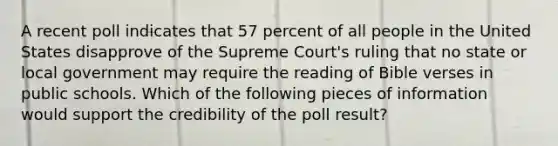 A recent poll indicates that 57 percent of all people in the United States disapprove of the Supreme Court's ruling that no state or local government may require the reading of Bible verses in public schools. Which of the following pieces of information would support the credibility of the poll result?