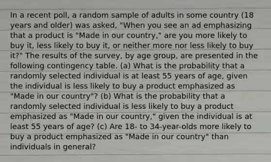 In a recent​ poll, a random sample of adults in some country​ (18 years and​ older) was​ asked, "When you see an ad emphasizing that a product is​ "Made in our​ country," are you more likely to buy​ it, less likely to buy​ it, or neither more nor less likely to buy​ it?" The results of the​ survey, by age​ group, are presented in the following contingency table. ​(a) What is the probability that a randomly selected individual is at least 55 years of​ age, given the individual is less likely to buy a product emphasized as​ "Made in our​ country"? ​(b) What is the probability that a randomly selected individual is less likely to buy a product emphasized as​ "Made in our​ country," given the individual is at least 55 years of​ age? (c) Are​ 18- to​ 34-year-olds more likely to buy a product emphasized as​ "Made in our​ country" than individuals in​ general?