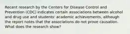 Recent research by the Centers for Disease Control and Prevention (CDC) indicates certain associations between alcohol and drug use and students' academic achievements, although the report notes that the associations do not prove causation. What does the research show?