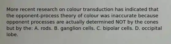 More recent research on colour transduction has indicated that the opponent-process theory of colour was inaccurate because opponent processes are actually determined NOT by the cones but by the: A. rods. B. ganglion cells. C. bipolar cells. D. occipital lobe.