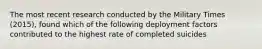 The most recent research conducted by the Military Times (2015), found which of the following deployment factors contributed to the highest rate of completed suicides