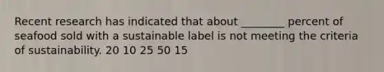 Recent research has indicated that about ________ percent of seafood sold with a sustainable label is not meeting the criteria of sustainability. 20 10 25 50 15