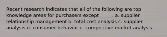 Recent research indicates that all of the following are top knowledge areas for purchasers except _____. a. supplier relationship management b. total cost analysis c. supplier analysis d. consumer behavior e. competitive market analysis