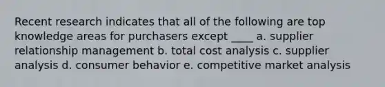 Recent research indicates that all of the following are top knowledge areas for purchasers except ____ a. supplier relationship management b. total cost analysis c. supplier analysis d. consumer behavior e. competitive market analysis