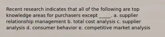 Recent research indicates that all of the following are top knowledge areas for purchasers except _____. a. ​supplier relationship management b. ​total cost analysis c. ​supplier analysis d. ​consumer behavior e. ​competitive market analysis