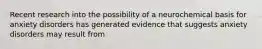 Recent research into the possibility of a neurochemical basis for anxiety disorders has generated evidence that suggests anxiety disorders may result from