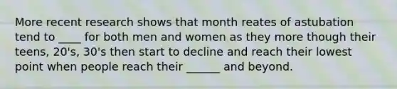 More recent research shows that month reates of astubation tend to ____ for both men and women as they more though their teens, 20's, 30's then start to decline and reach their lowest point when people reach their ______ and beyond.