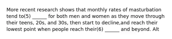 More recent research shows that monthly rates of masturbation tend to(5) ______ for both men and women as they move through their teens, 20s, and 30s, then start to decline,and reach their lowest point when people reach their(6) ______ and beyond. Alt