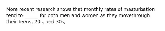 More recent research shows that monthly rates of masturbation tend to ______ for both men and women as they movethrough their teens, 20s, and 30s,