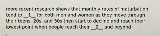 more recent research shows that monthly rates of maturbation tend to __1__ for both men and women as they move through their teens, 20s, and 30s then start to decline and reach their lowest point when people reach their __2__ and beyond