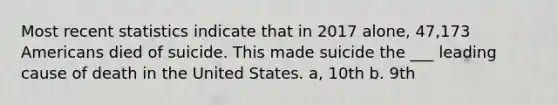 Most recent statistics indicate that in 2017 alone, 47,173 Americans died of suicide. This made suicide the ___ leading cause of death in the United States. a, 10th b. 9th