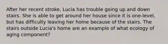 After her recent stroke, Lucia has trouble going up and down stairs. She is able to get around her house since it is one-level, but has difficulty leaving her home because of the stairs. The stairs outside Lucia's home are an example of what ecology of aging component?