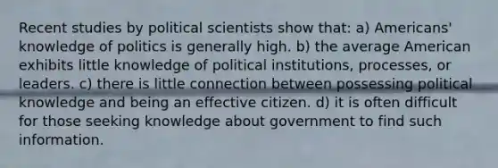 Recent studies by political scientists show that: a) Americans' knowledge of politics is generally high. b) the average American exhibits little knowledge of political institutions, processes, or leaders. c) there is little connection between possessing political knowledge and being an effective citizen. d) it is often difficult for those seeking knowledge about government to find such information.