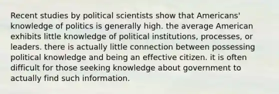 Recent studies by political scientists show that Americans' knowledge of politics is generally high. the average American exhibits little knowledge of political institutions, processes, or leaders. there is actually little connection between possessing political knowledge and being an effective citizen. it is often difficult for those seeking knowledge about government to actually find such information.