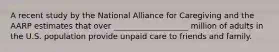 A recent study by the National Alliance for Caregiving and the AARP estimates that over ___________________ million of adults in the U.S. population provide unpaid care to friends and family.