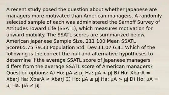 A recent study posed the question about whether Japanese are managers more motivated than American managers. A randomly selected sample of each was administered the Sarnoff Survey of Attitudes Toward Life (SSATL), which measures motivation for upward mobility. The SSATL scores are summarized below. American Japanese Sample Size. 211 100 Mean SSATL Score65.75 79.83 Population Std. Dev.11.07 6.41 Which of the following is the correct the null and alternative hypotheses to determine if the average SSATL score of Japanese managers differs from the average SSATL score of American managers? Question options: A) Ho: µA ≥ µJ Ha: µA µJ D) Ho: µA = µJ Ha: µA ≠ µJ