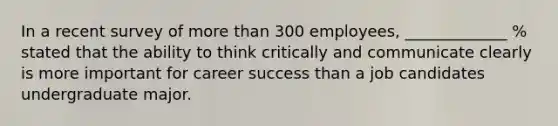 In a recent survey of more than 300 employees, _____________ % stated that the ability to think critically and communicate clearly is more important for career success than a job candidates undergraduate major.