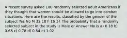 A recent survey asked 100 randomly selected adult Americans if they thought that women should be allowed to go into combat situations. Here are the results, classified by the gender of the subject Yes No M 32 18 F 16 34 The probability that a randomly selected subject in the study is Male or Answer No is a) 0.18 b) 0.68 c) 0.78 d) 0.84 e) 1.02