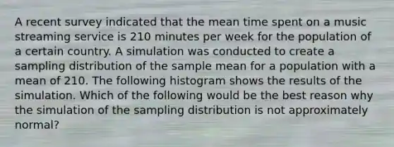 A recent survey indicated that the mean time spent on a music streaming service is 210 minutes per week for the population of a certain country. A simulation was conducted to create a sampling distribution of the sample mean for a population with a mean of 210. The following histogram shows the results of the simulation. Which of the following would be the best reason why the simulation of the sampling distribution is not approximately normal?